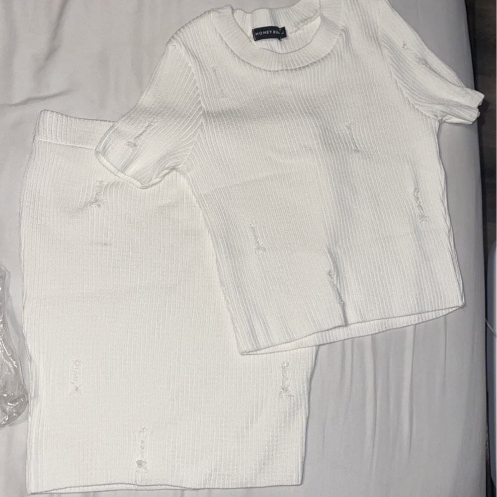Honeybum distressed white matching skirt set